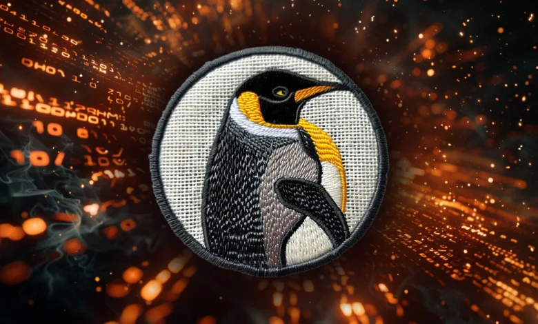 Embroidered Linux penguin patch on digital background.