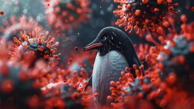 A penguin surrounded by red virus particles, looking distressed.