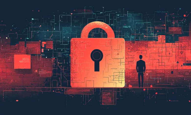 Abstract digital art featuring a large red lock and a silhouetted figure.