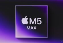 Apple M5 Max chip on a purple and black background.