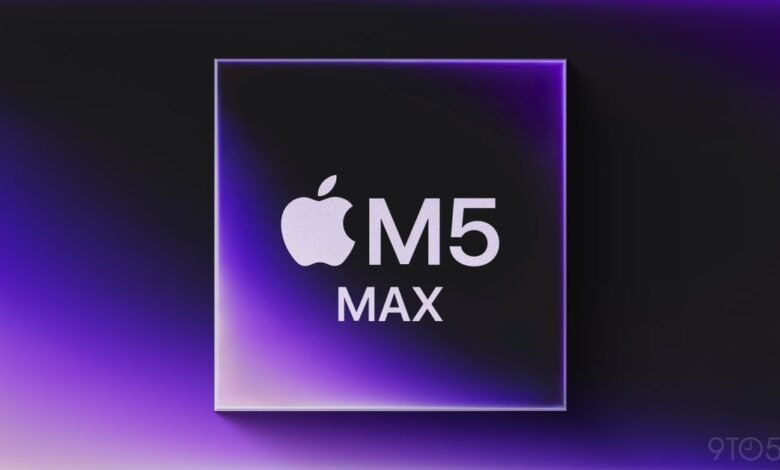 Apple M5 Max chip on a purple and black background.