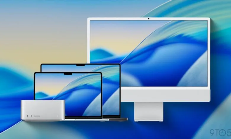 Mac Studio, Studio Display, and MacBook Pro laptops arranged on a blue background.