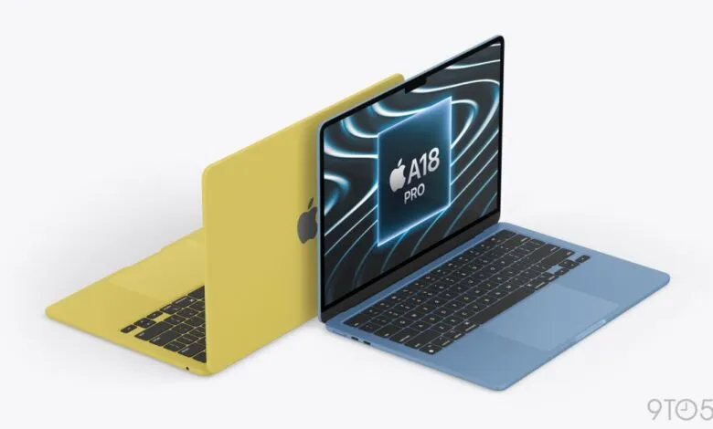 Two colorful MacBooks, one yellow and one blue, side by side.