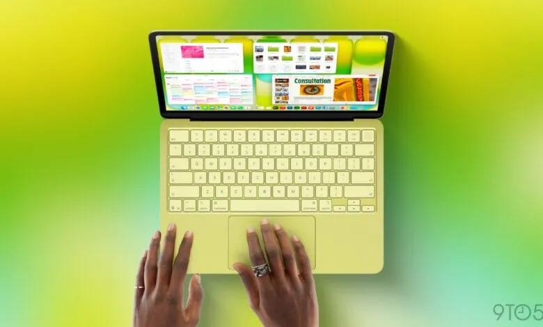 Person using a yellow MacBook on a green gradient background.