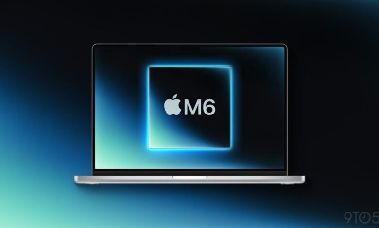 MacBook Pro displaying Apple M6 chip logo on a vibrant blue screen.