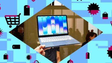 New MacBook Air held up against a geometric shopping background.