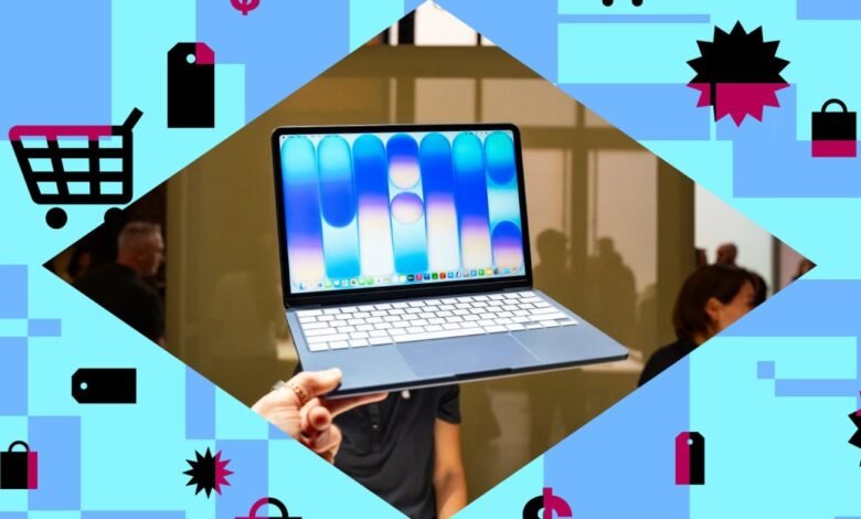 New MacBook Air held up against a geometric shopping background.