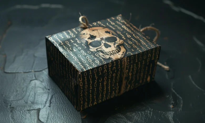 Box wrapped in binary code paper with skull graphic, tied with twine.