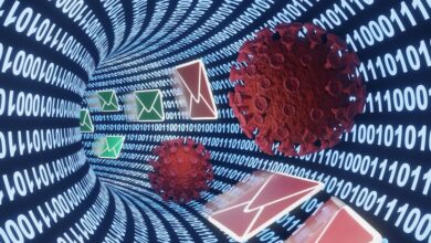 Digital tunnel with binary code, emails, and virus-like spheres.