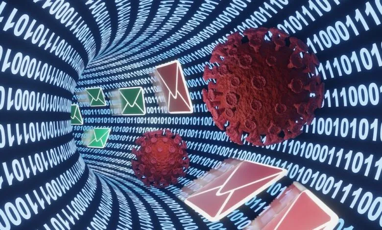 Digital tunnel with binary code, emails, and virus-like spheres.