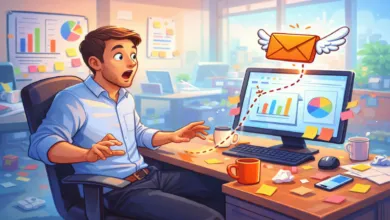 Man at desk reacts to winged email icon flying from computer screen.