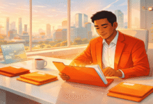 Man in orange suit reviews documents at bright office desk.