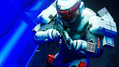 Futuristic soldier in white armor aims a weapon, ready for battle.