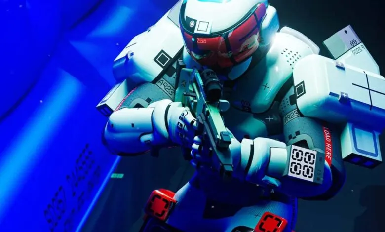 Futuristic soldier in white armor aims a weapon, ready for battle.