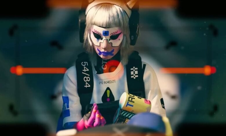 Person with mask and headphones, futuristic aesthetic.