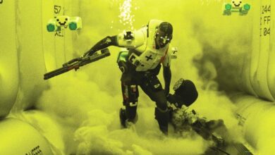 Futuristic soldier with weapon in smoky, yellow-toned environment.