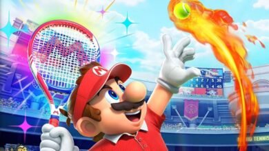 Mario from Nintendo's Mario Tennis Aces game, holding a tennis racket and ready to hit a flaming tennis ball.