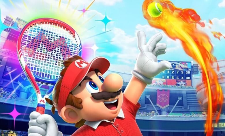 Mario from Nintendo's Mario Tennis Aces game, holding a tennis racket and ready to hit a flaming tennis ball.