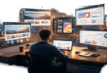 Person working at a desk with multiple screens displaying data and websites.