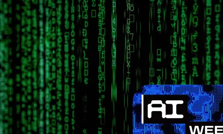 Green matrix code overlayed with 'AI Week' logo in blue and white.