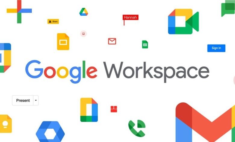 Google Workspace logo with app icons floating around the central text.