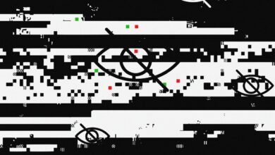 Abstract glitch art with eye symbols, black and white with red and green accents.