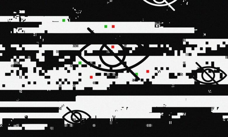 Abstract glitch art with eye symbols, black and white with red and green accents.