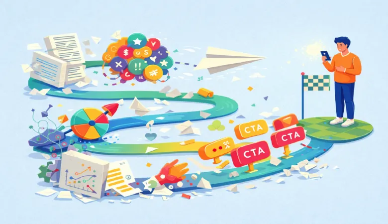 Illustration of a man reaching a goal after overcoming obstacles.