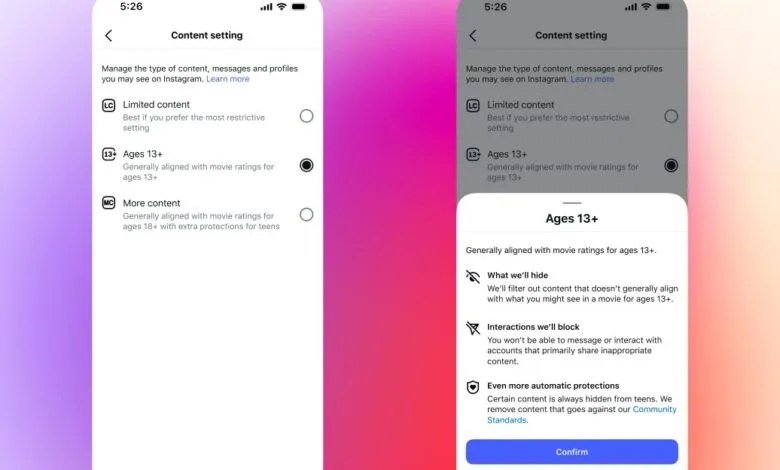 Instagram content settings screen showing options for filtering content based on age ratings.