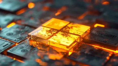 Glowing squares on money, symbolizing digital finance and investment.