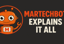 Orange cartoon robot with the letter M on its chest inside a circle.