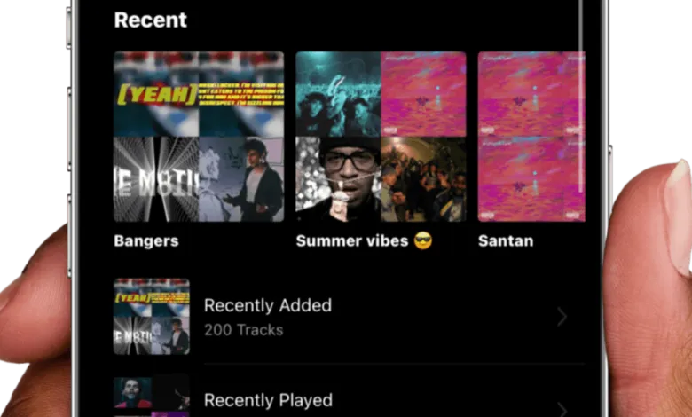 Music app interface showing recent playlists and tracks on a smartphone.