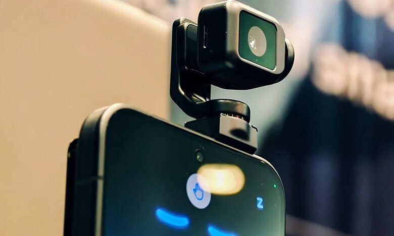 Smartphone with attached external camera for enhanced photography.