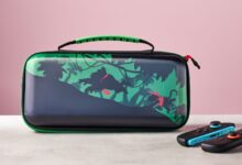 Donkey Kong Nintendo Switch case with controllers, jungle scene.