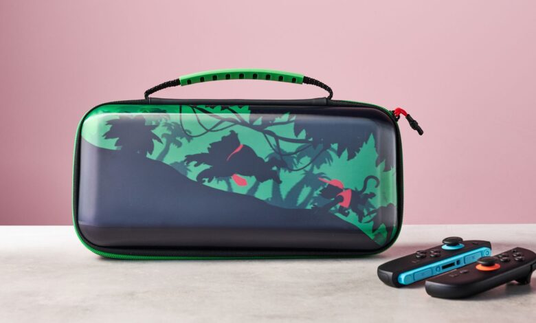 Donkey Kong themed Nintendo Switch case with controllers on a table.