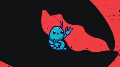 Cartoon blue lobster waving claw on red and black background.