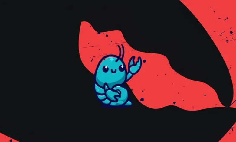 Cartoon blue lobster waving claw on red and black background.