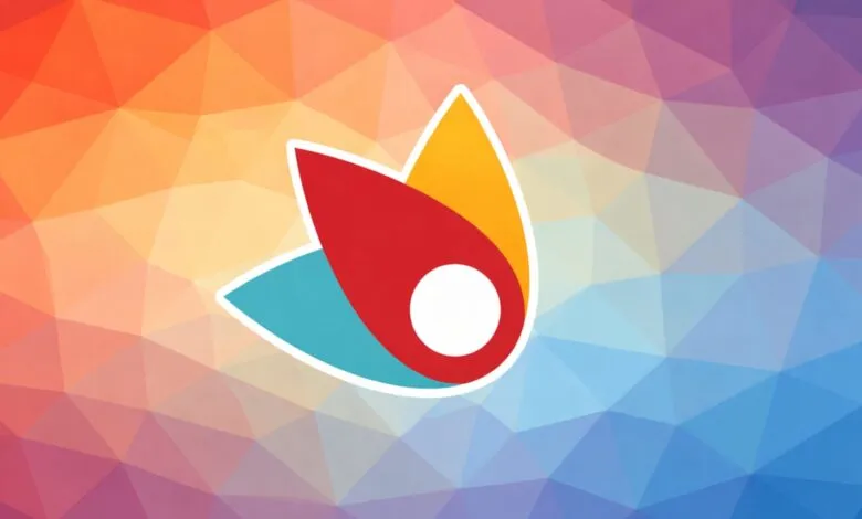 Abstract logo with red, yellow, and blue shapes on a geometric background.