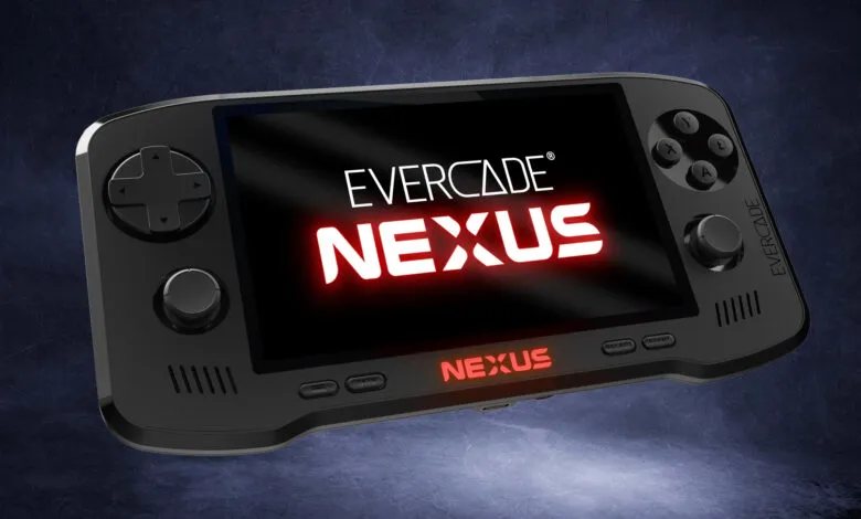 Evercade Nexus handheld console with directional pad and buttons.