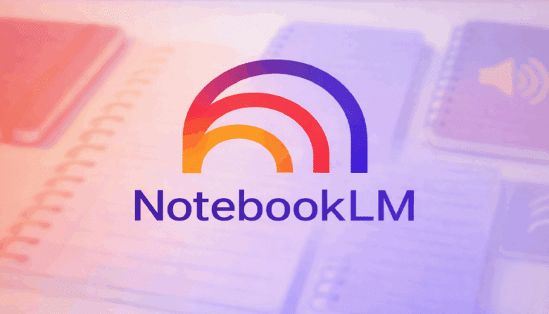 NotebookLM logo featuring colorful arches over the text on a notebook background.