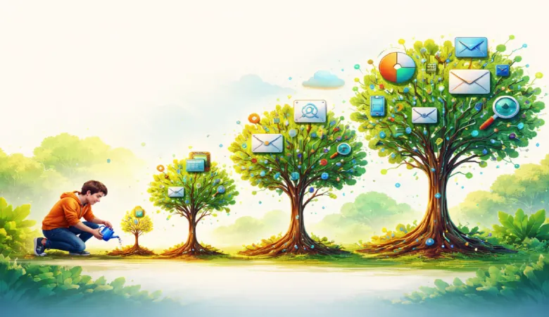 Boy waters sapling, symbolizing growth of skills and digital knowledge.