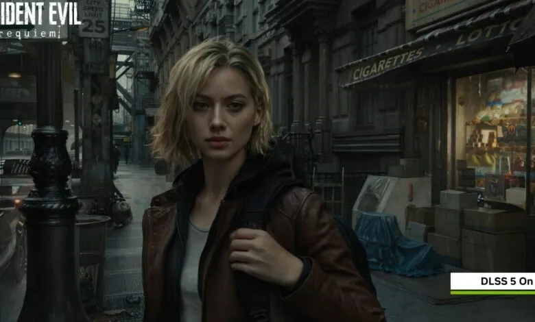 Resident Evil Requiem character in urban setting with DLSS 5 enabled.
