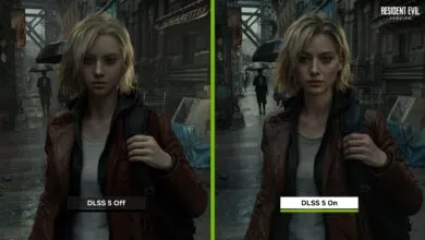 Resident Evil character comparison: DLSS 5 off vs. DLSS 5 on, showing enhanced graphics.