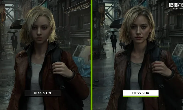 Resident Evil character comparison: DLSS 5 off vs. DLSS 5 on, showing enhanced graphics.