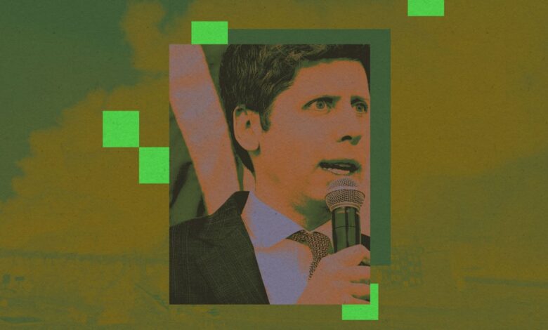 Man in suit speaks into microphone against green background.