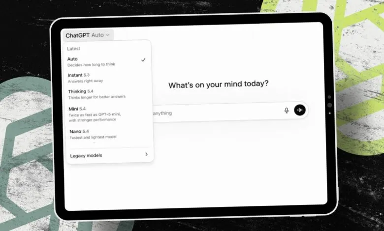 ChatGPT interface on a tablet showing different model options.