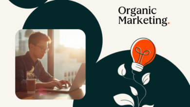 Man working on laptop with coffee, 'Organic Marketing' text and lightbulb graphic.