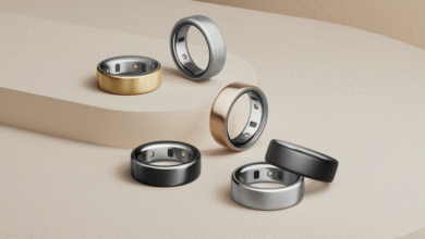 Oura Ring collection in gold, silver, black, and rose gold.