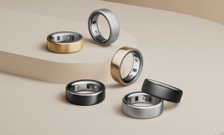 Oura Ring collection in gold, silver, black, and rose gold.
