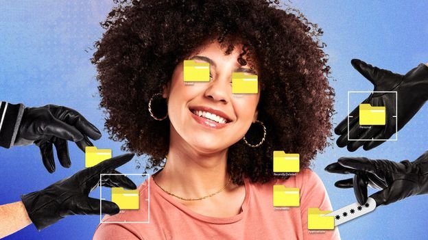 Woman with folder icons over eyes, surrounded by gloved hands.